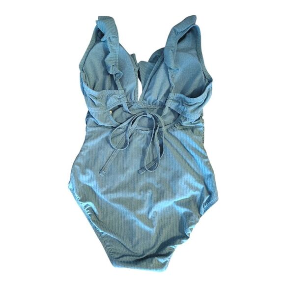 Ellen Tracy Laid Back Blue Ruffled Slimming One Piece Swimsuit Size 10 NWT - Picture 5 of 10
